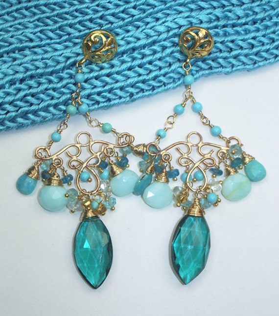 Teal Turquoise Chandelier Earrings Gold by DoolittleJewelry