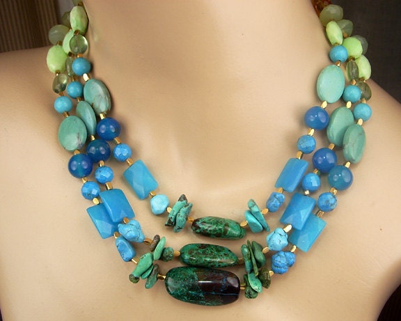 Turquoise Gemstone Necklace Bold Triple By DoolittleJewelry