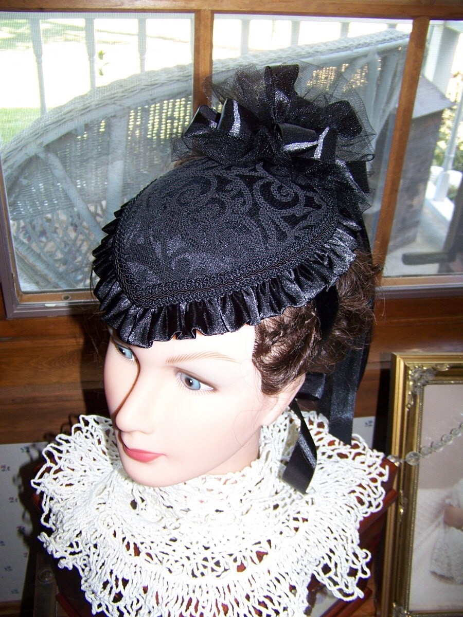 Teardrop Hat Ladies Black Victorian Civil War Brocade with