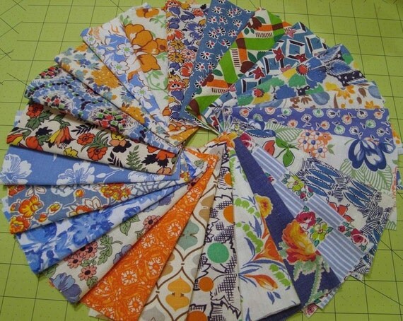 24 Piece Blue Orange Vintage Feedsack Fabric Sampler Bundle