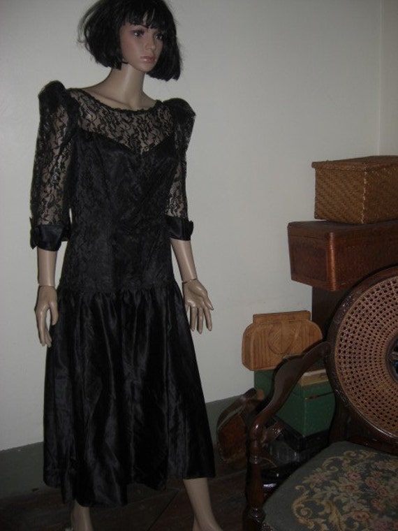 80s Vintage Goth Black Lace Party Prom Dress Large
