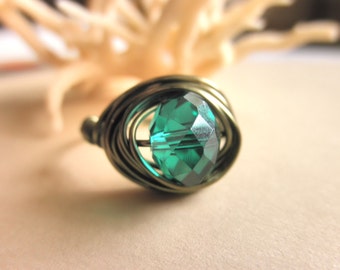 Handmade RING - Custom Size - Emerald Crystal - Green, Forest, Lovely, May, Bright, Faceted, Rustic, Custom, Gift, Simple
