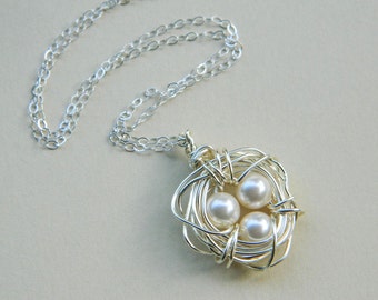 Three Child Bird's Nest Necklace -- Sterling Silver, Pearls, Three Kids, Cream, White, Beige, Ivory, OOAK, Mother's Day, Baby Shower, Mom