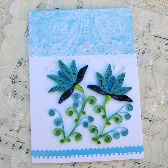 Quilling Card Paper Quilled Blue SNOWDROP Flower Vintage