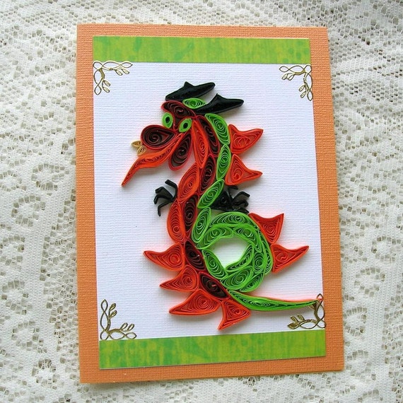 Quilling Card Paper Quilled DRAGON Draco the FANTASY Orange