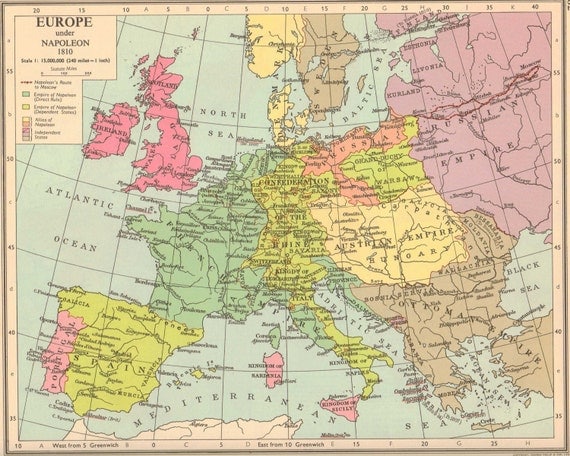 Vintage Map. Europe Under Napoleon. Art Pastel Shabby Chic