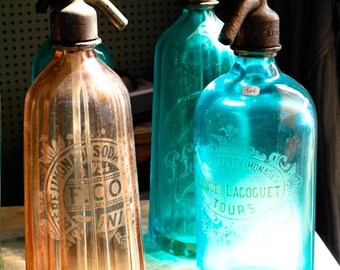 Paris Photography, Vintage Seltzer Glass Colorful Bottles, Paris, France ,Acqua Blue, Peachy Orange, Paris Flea Market Art, Fall Decor