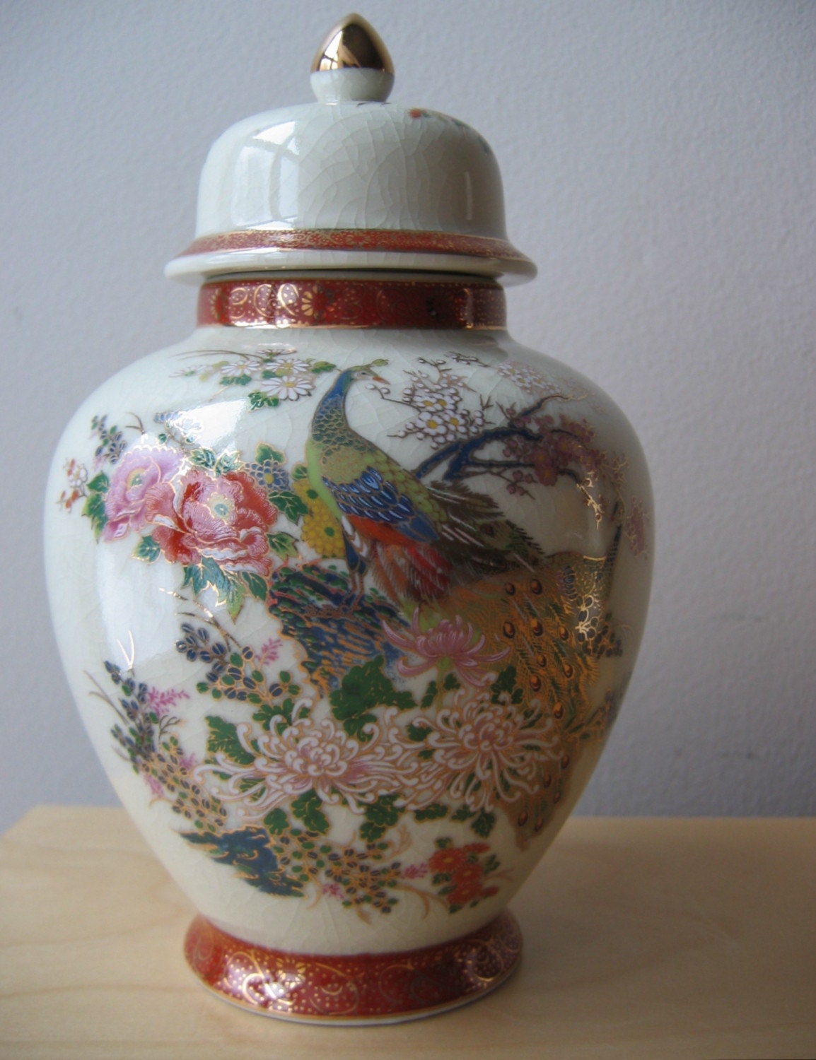 Vintage Satsuma Ginger Jar/Urn and Lid with Peacocks by ionesAttic