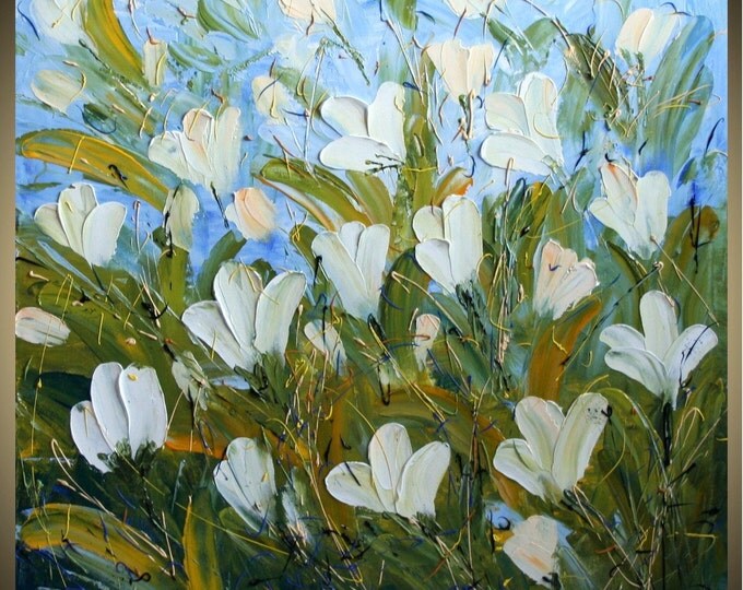 Original Modern Palette Knife Oil Large Painting WHITE TULIPS by Luiza Vizoli  Large Canvas