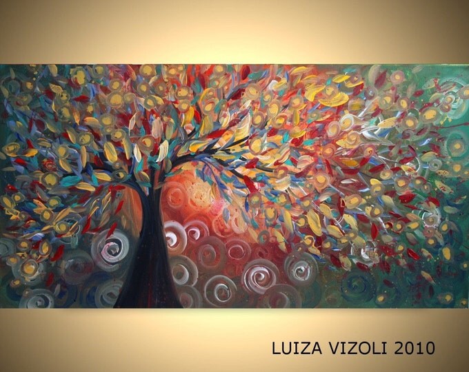 Original Modern Abstract Landscape Tree Oil Large Painting LATE SUNSET by Luiza Vizoli 48x24 Made to Order