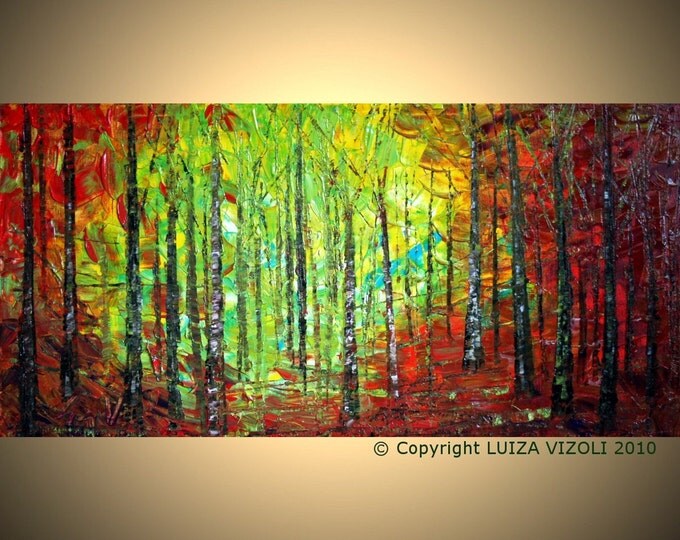 Original Modern Abstract Landscape Trees Autumn Palette Knife Impasto Painting by Luiza Vizoli, 48x24, 52x36, 64x36, 72x36