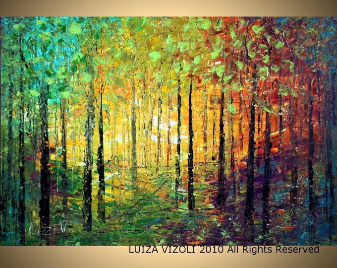 Original Modern Abstract Landscape Trees Palette Knife Impasto Large Painting SPRING SUNSET by Luiza Vizoli