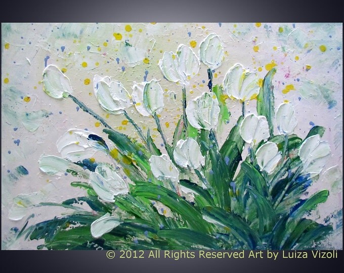 Original Modern Impressionist Flowers Impasto Painting WHITE TULIPS by Luiza Vizoli