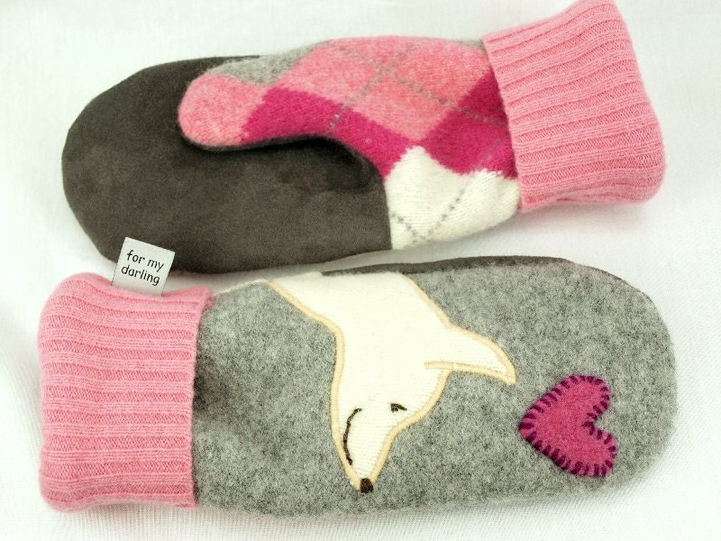 Dog Mittens Felted Wool In Grey Natural White and Pink with
