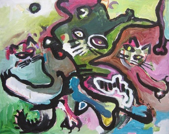 two cats abstract painting, abstract cat art on canvas board, size 16x20