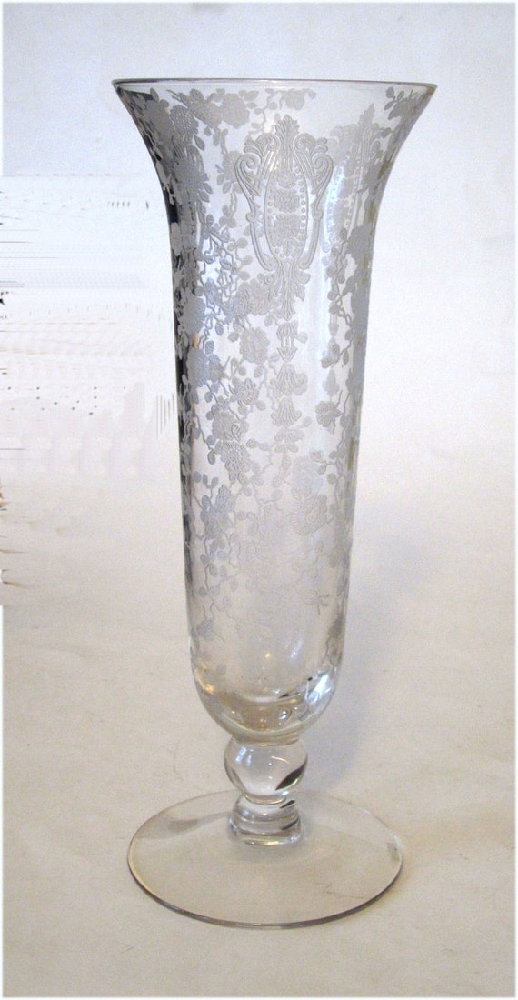 1930s Cambridge Rose Point Etched Glass Vase for Romantic