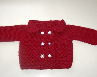 Hand Knitted Baby Sweater Cardigan Jacket Snow Snowflake Red Infant Toddler Custom Handmade Long Sleeved Winter Christmas