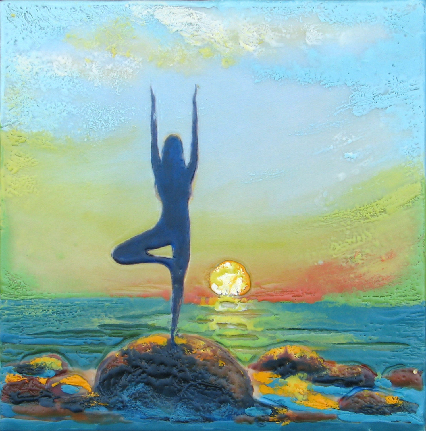 Encaustic Beeswax Painting Collage Yoga Sol III Ocean Mist   Il Fullxfull.351905280 