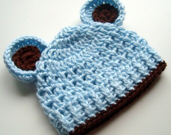 Baby Boy Hat, Crochet Baby Hat with Ears, Crocheted Infant Beanie Hat with Ears, Light Baby Blue and Chocolate Brown, MADE TO ORDER