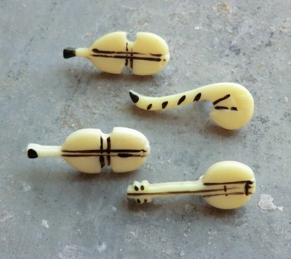 4 Vintage Musical Instrument Buttons 2 Violins 1 Sax 1