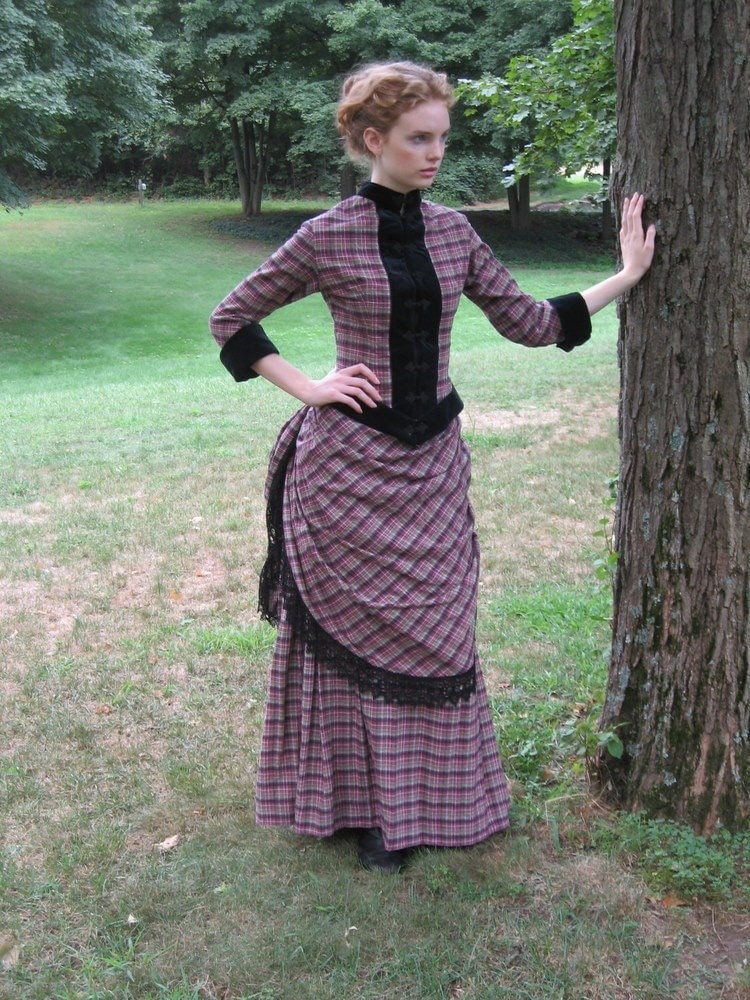 Victorian Bustle Day Dress in cotton plaid with black velvet