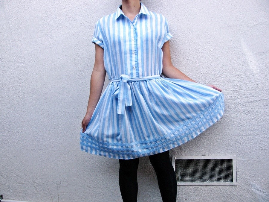 Vintage Baby Blue  and White  Striped Shirt  Dress  L XL