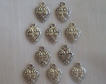Double Love Heart Charms- ten charms- antique silver charms