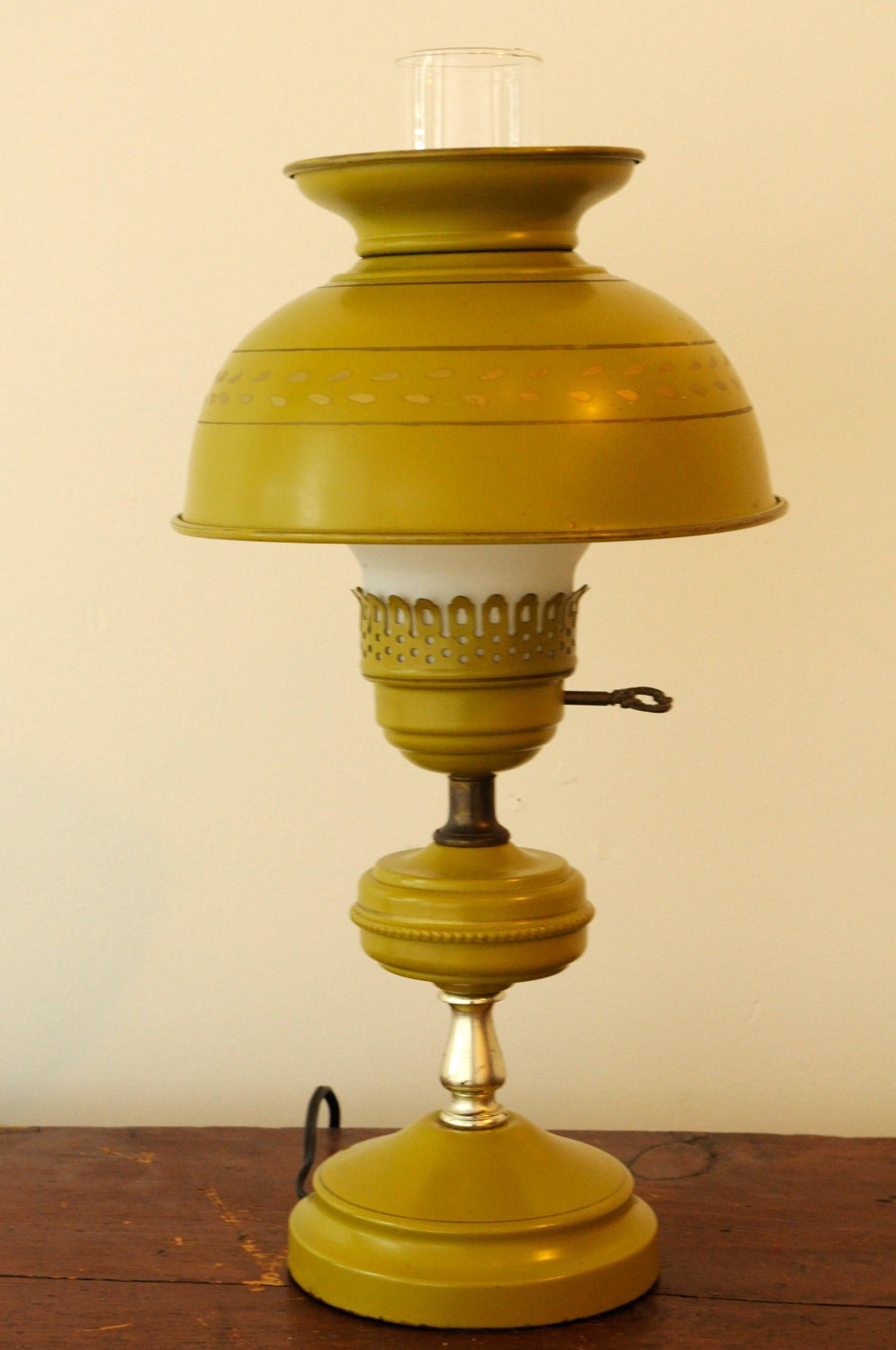 Vintage olive green toleware hurricane lamp