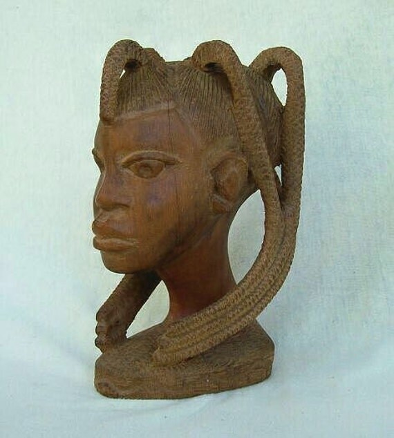 Carved Wood African Sculpture Woman Bust Head Figurine Folk