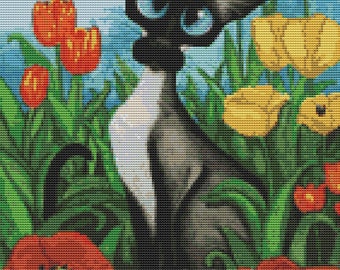 Cat Cross Stitch, Siamese cat, AmyLyn Bihrle, 'Siamese Poppies', Counted Cross Stitch, DMC Materials