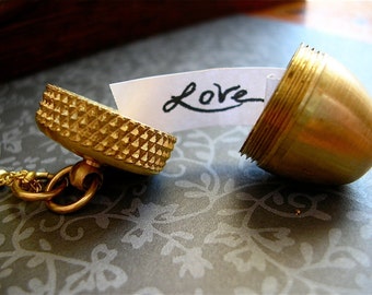 Fall in Love Golden Brass Acorn Locket, Valentine's Day Gift