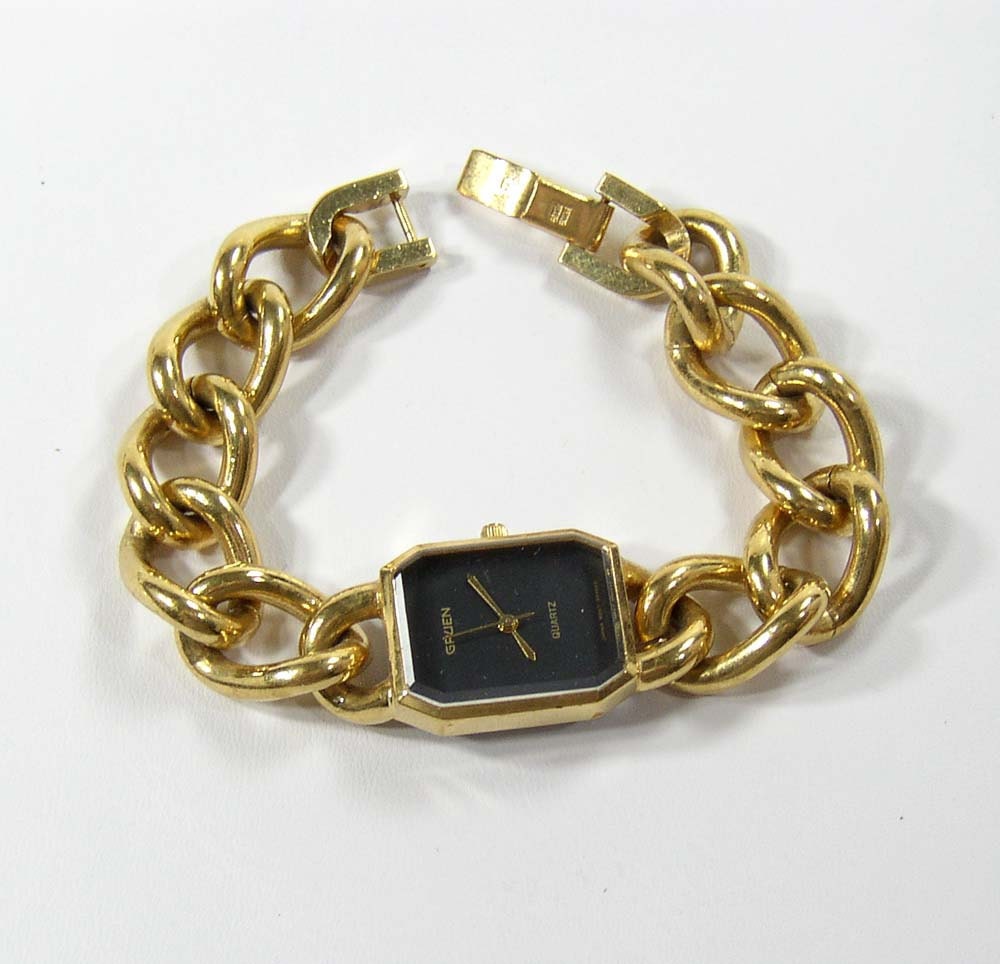 Gruen Ladies Watch Gold Tone Chunky Chain Bracelet Black Face