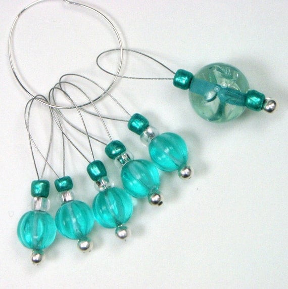 Aqua Beaded Knitting Stitch Markers by TJBdesigns on Etsy