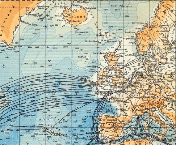 1894 German Antique Map of the Atlantic Ocean by bananastrudel