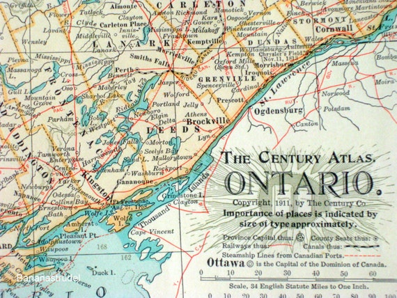 1911 Century Atlas Antique Map Of Ontario Canada