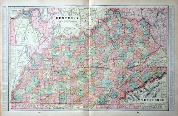 1899 Large Antique Map of Kentucky and Tennessee. by bananastrudel