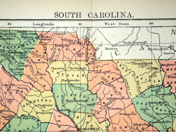 1890s Antique Map of South Carolina by bananastrudel on Etsy