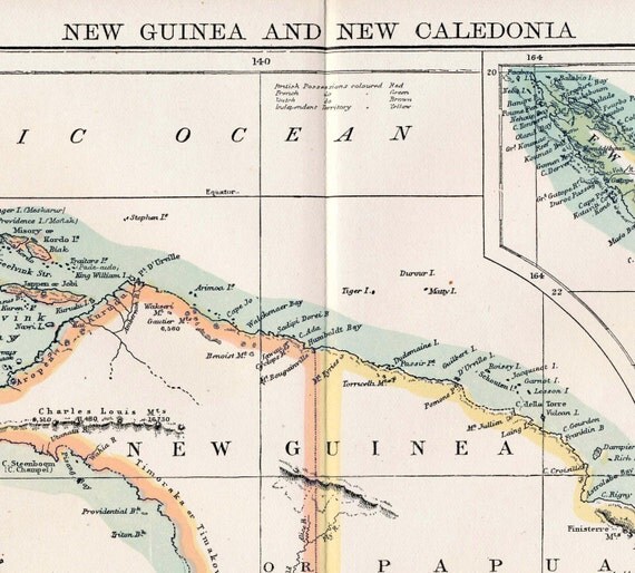 1890s Antique Map of Papua New Guinea and New Caledonia