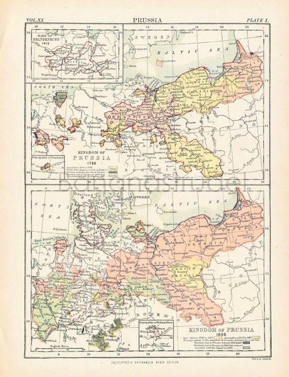 1890s Antique Map of Prussia in 1786 and 1866 by bananastrudel