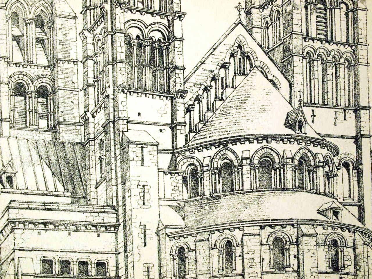 1872 Large Antique Architectural Drawing of Tournai Cathedral