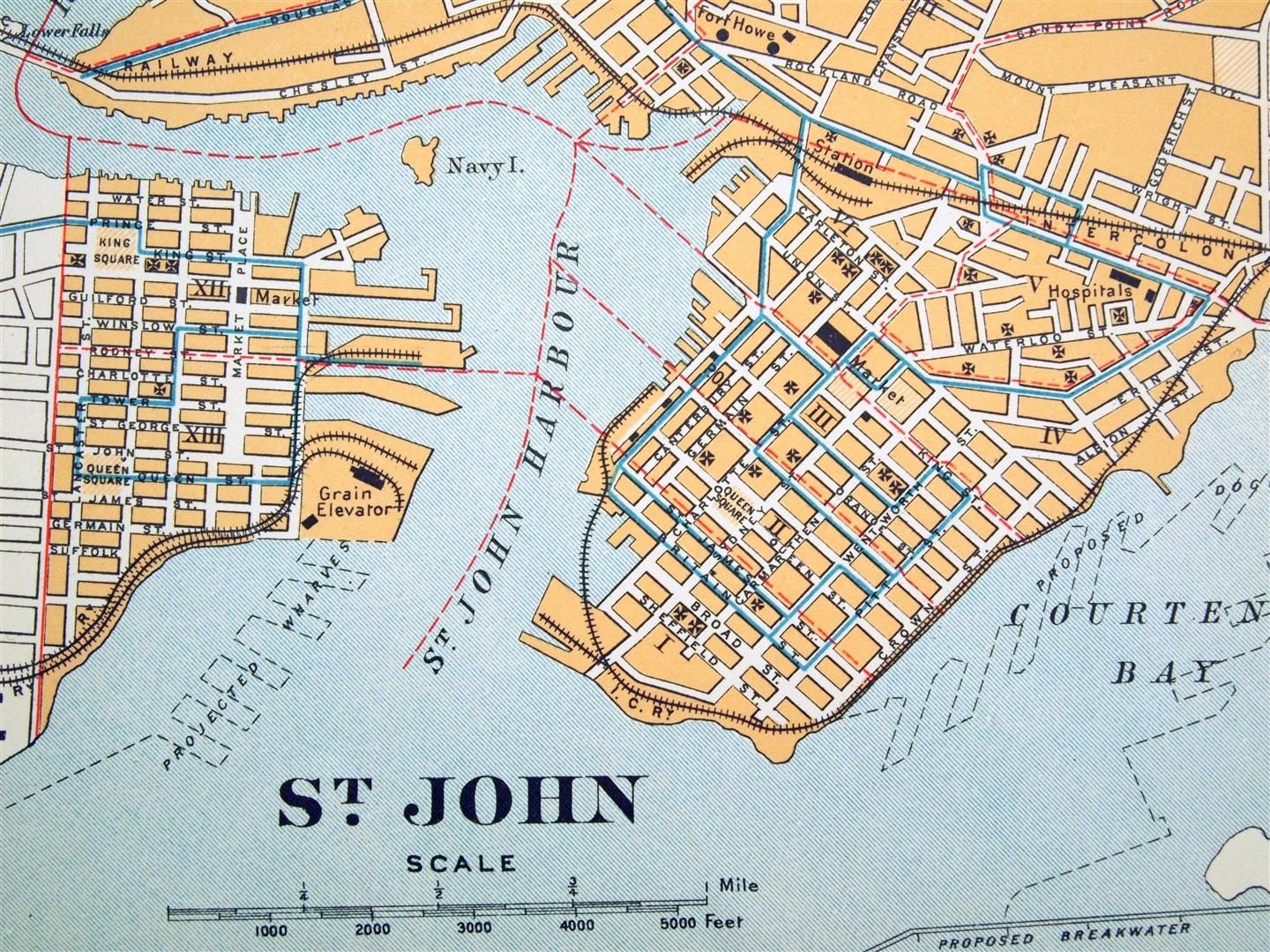 1915 Antique City Map Of Saint John New Brunswick Canada