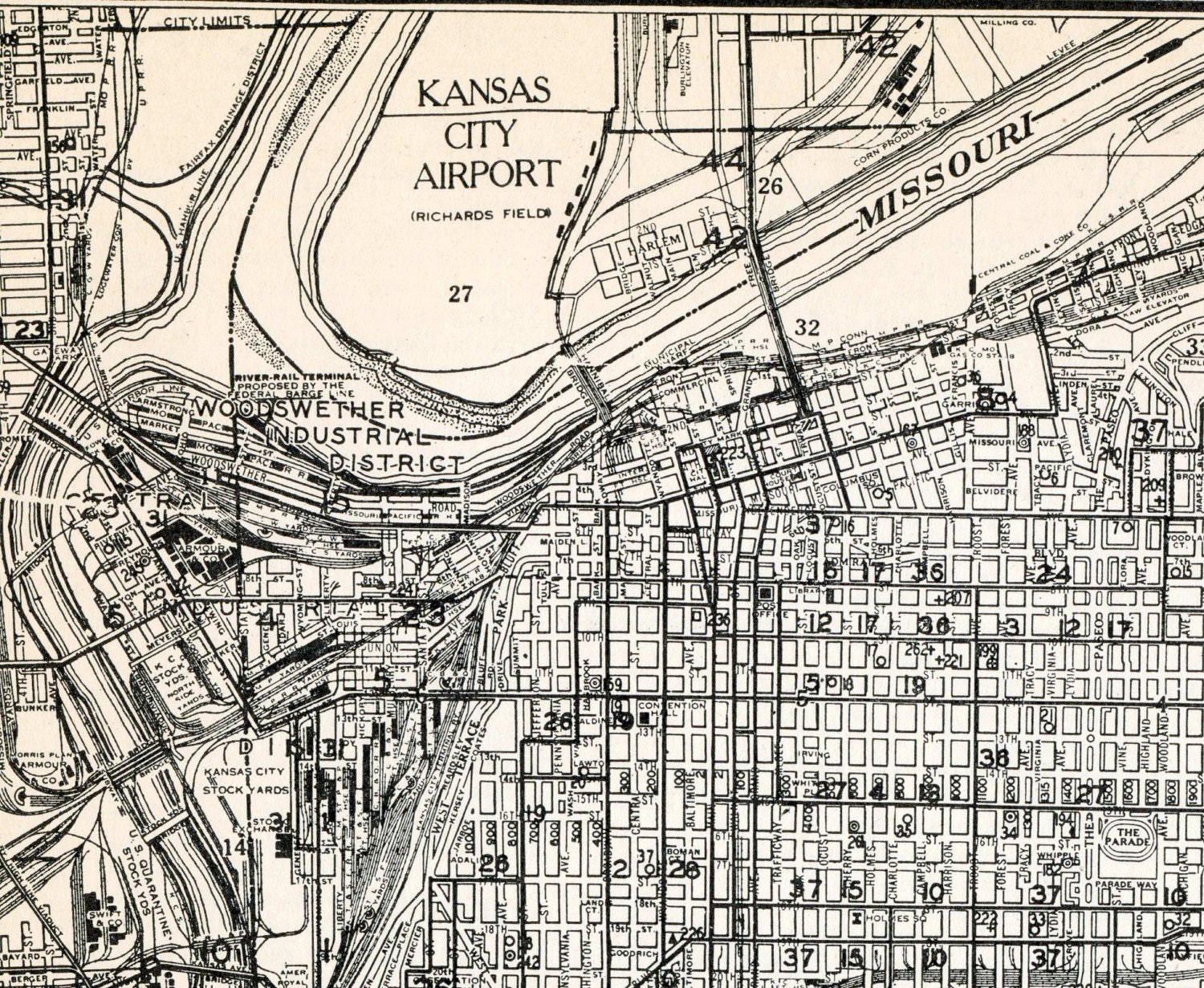 1937 Vintage Map of Kansas City Missouri
