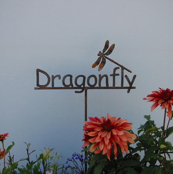 Garden Stake - Metal Word Dragonfly with a dragonfly attached - Steel