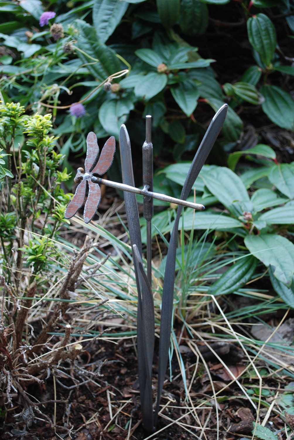 Metal Garden Stake Dragonfly Cattail and Grass