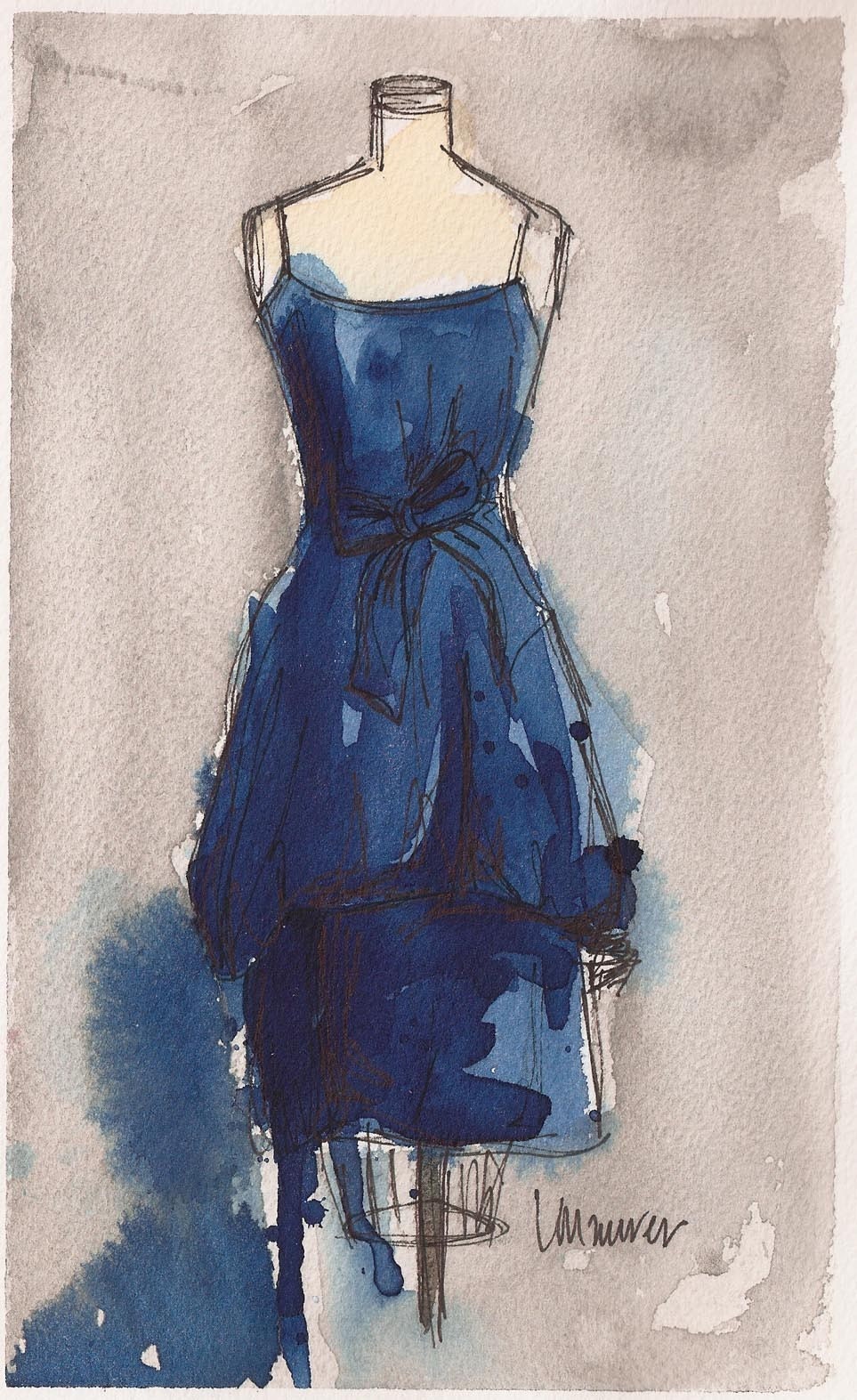 Vintage Dress Painting Watercolor and Ink Painting Vintage