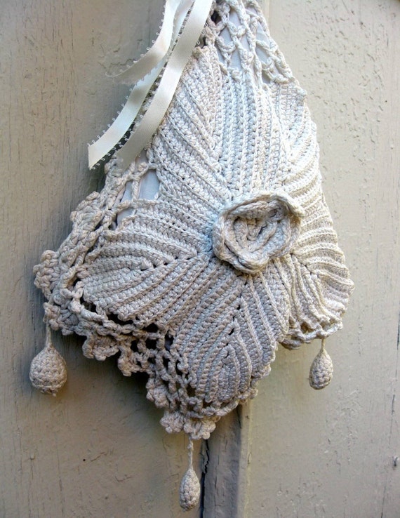 Vintage Crocheted Drawstring Bag of Ivory Cotton