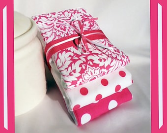 Baby Girl Shower Gift Burp Cloth Set in Pink and White ...... 3 Burpcloths of 6 ply PREMIUM Cloth Diapers