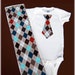 SIZE 3 - 6 Baby Boy Gift Set Tie Onesie & Matching Baby Burp Cloth and Bodysuit Set in Argyle Gray