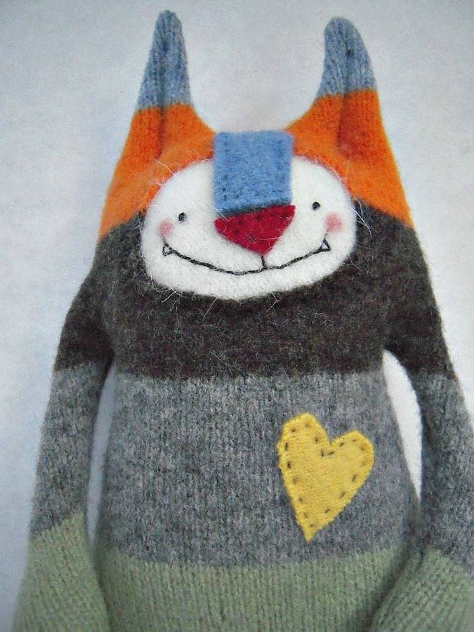 Stuffed Animal Cat Striped Wool Sweater Upcycled Repurposed