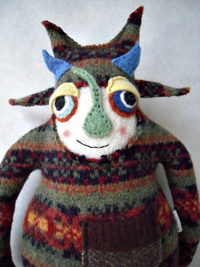 Stuffed Animal Monster Recycled Sweater Striped Colorful